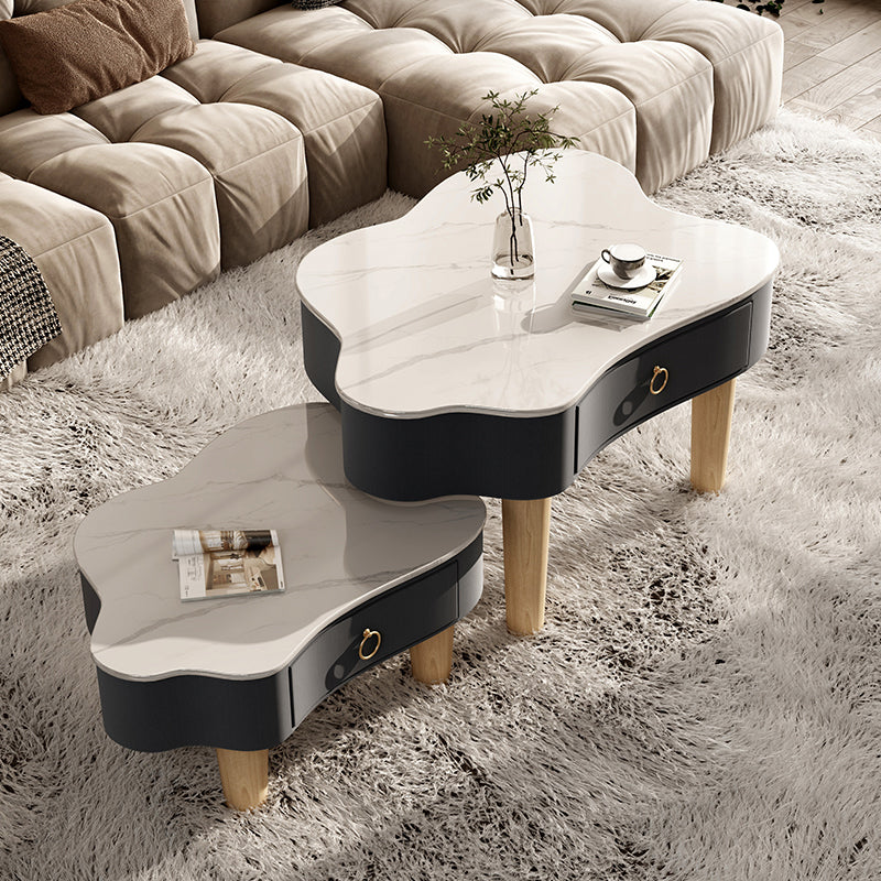 Modern Free Form Slate Cocktail Table Wood 4 Legs Coffee Table with Drawers