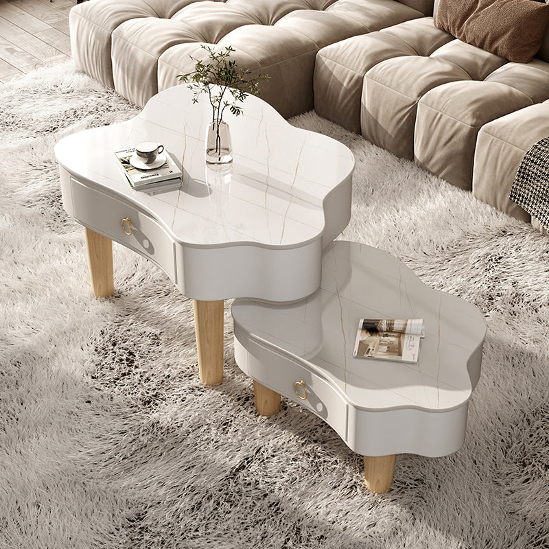 Modern Free Form Slate Cocktail Table Wood 4 Legs Coffee Table with Drawers