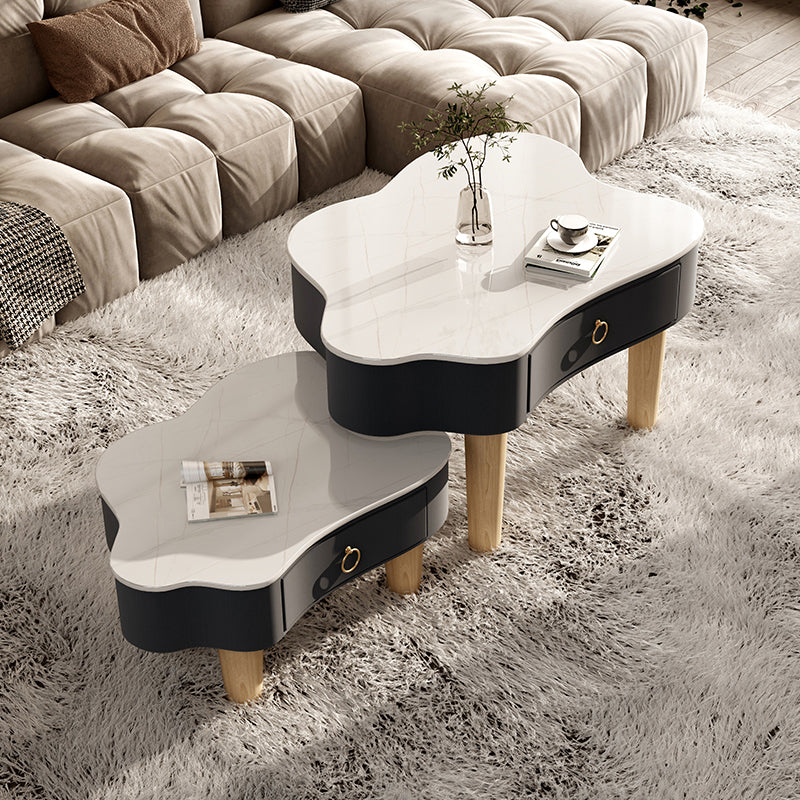 Modern Free Form Slate Cocktail Table Wood 4 Legs Coffee Table with Drawers