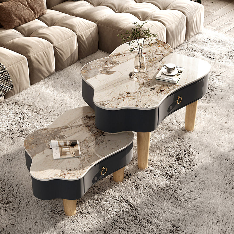 Modern Free Form Slate Cocktail Table Wood 4 Legs Coffee Table with Drawers