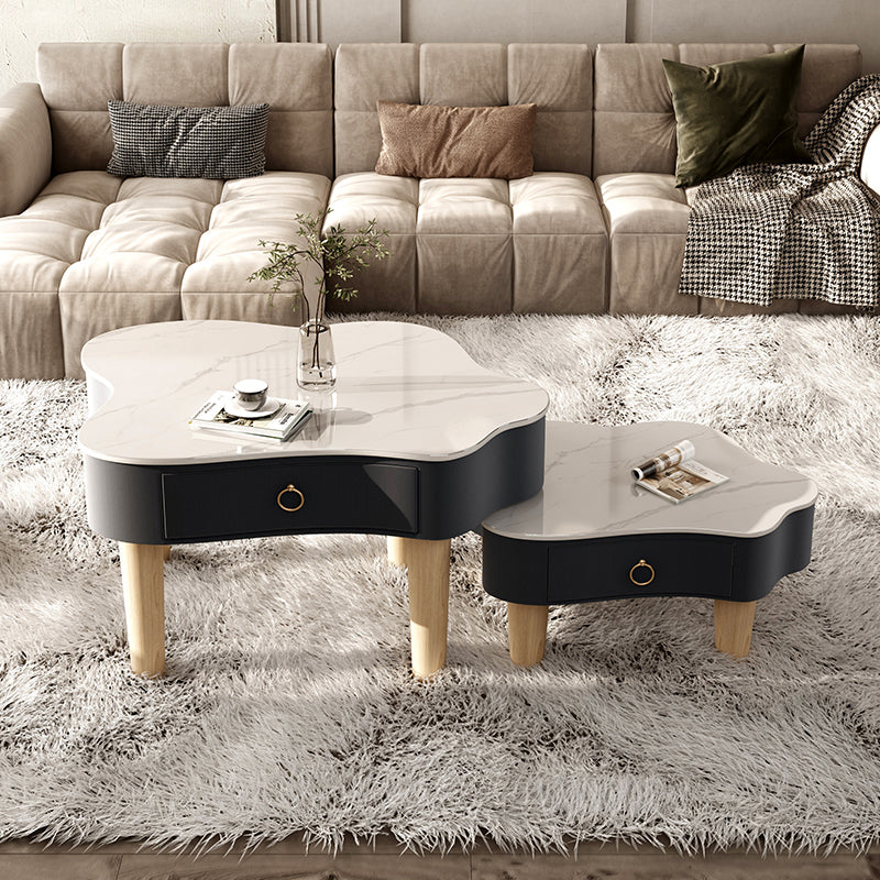 Modern Free Form Slate Cocktail Table Wood 4 Legs Coffee Table with Drawers