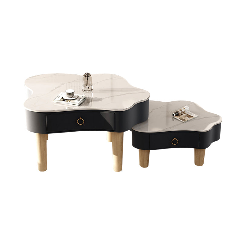 Modern Free Form Slate Cocktail Table Wood 4 Legs Coffee Table with Drawers