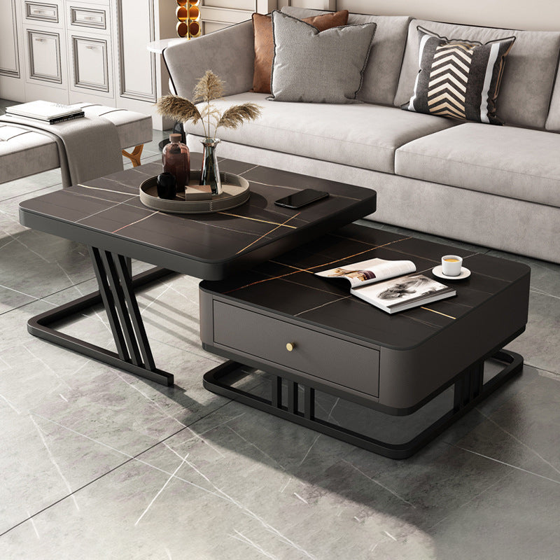 Modern Round Glass / Slate Cocktail Table Steel Frame Coffee Table with Drawer