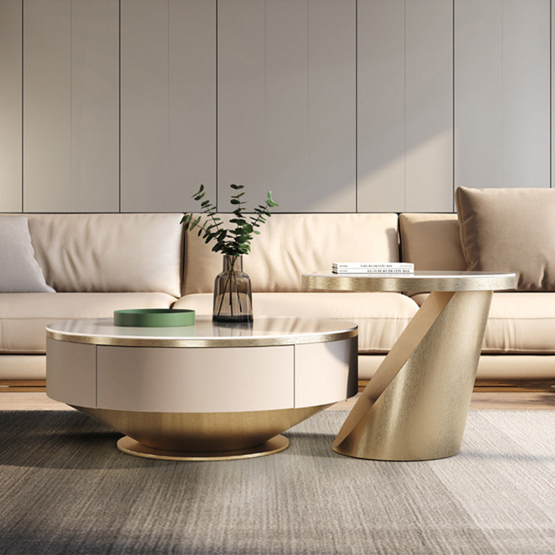 Modern Pedestal Coffee Table Slate Round 2-Piece Coffee Table Set