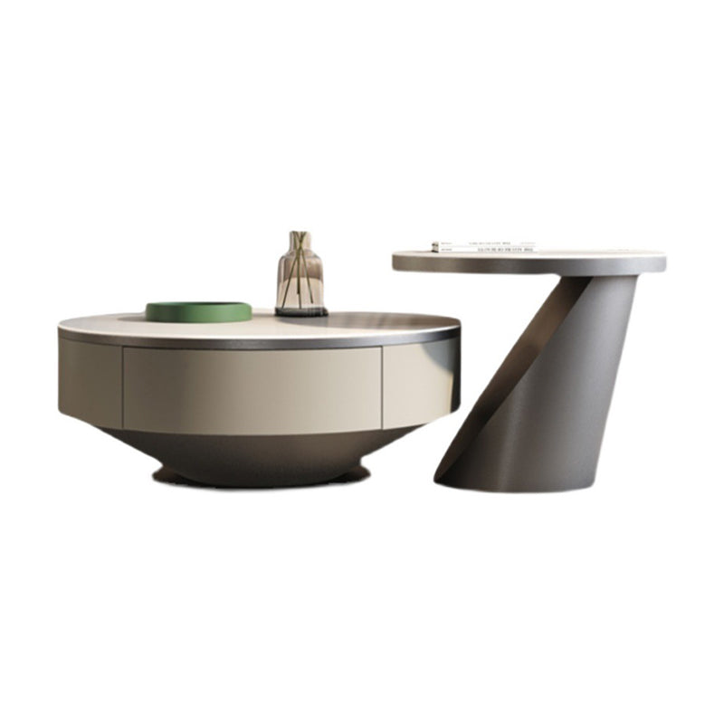 Modern Pedestal Coffee Table Slate Round 2-Piece Coffee Table Set