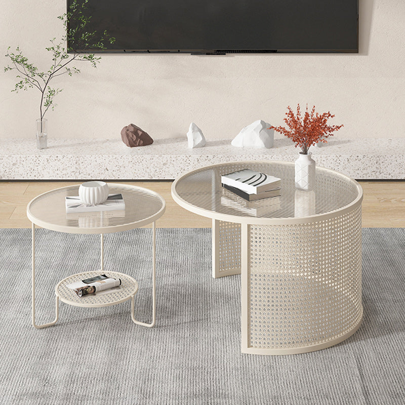 Tropical Round Frame Cocktail Table Glass Top Coffee Table Set