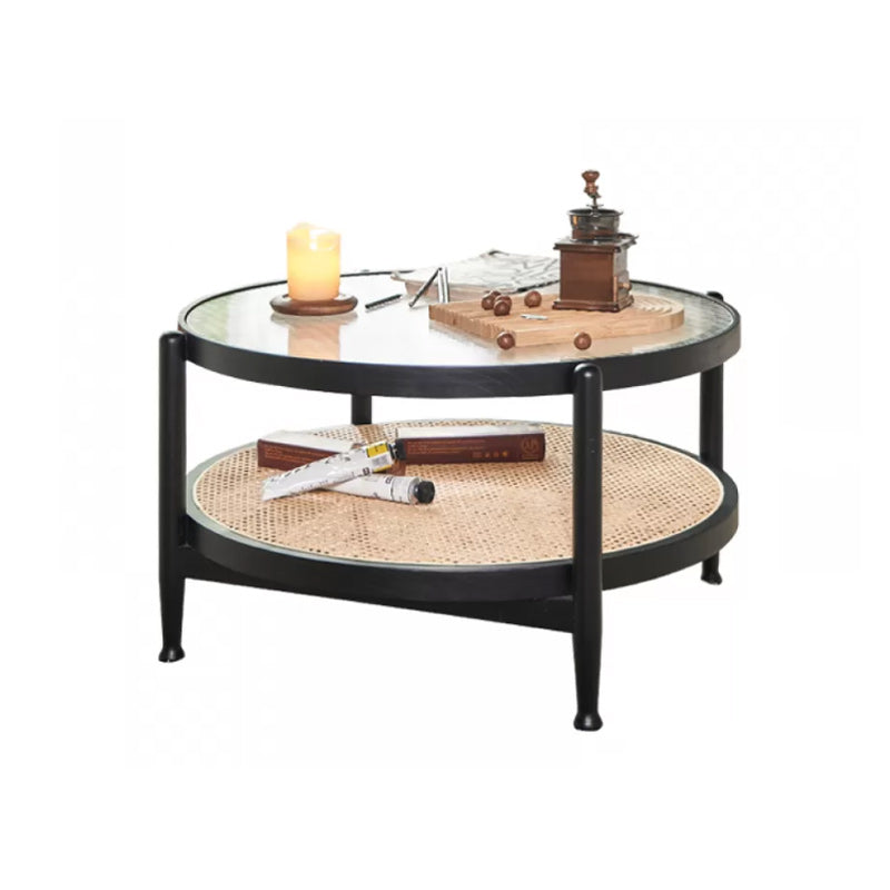 Tropical Round Cocktail Table Glass Top Coffee Cocktail Table with Storage