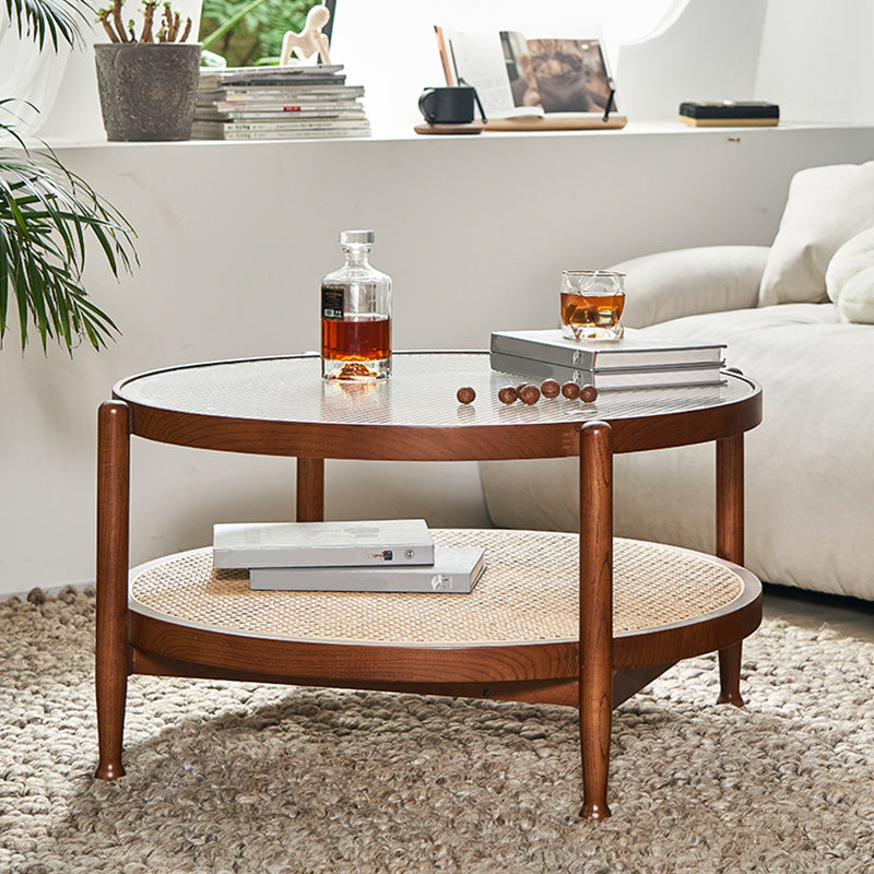 Tropical Round Cocktail Table Glass Top Coffee Cocktail Table with Storage