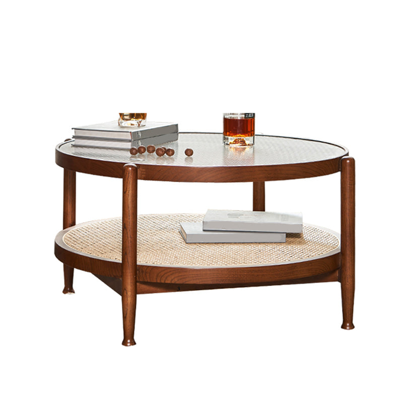Tropical Round Cocktail Table Glass Top Coffee Cocktail Table with Storage