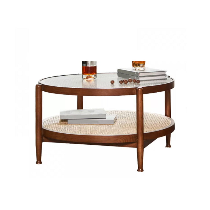 Tropical Round Cocktail Table Glass Top Coffee Cocktail Table with Storage