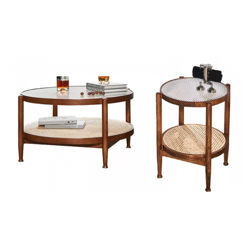 Tropical Round Cocktail Table Glass Top Coffee Cocktail Table with Storage
