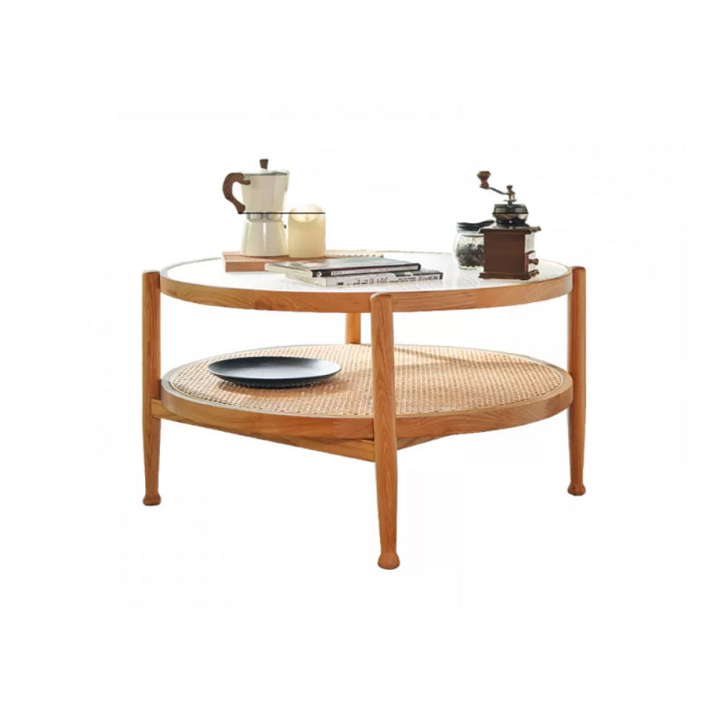 Tropical Round Cocktail Table Glass Top Coffee Cocktail Table with Storage