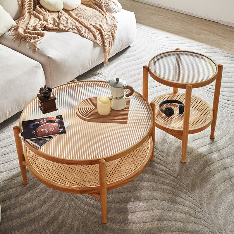 Tropical Round Cocktail Table Glass Top Coffee Cocktail Table with Storage