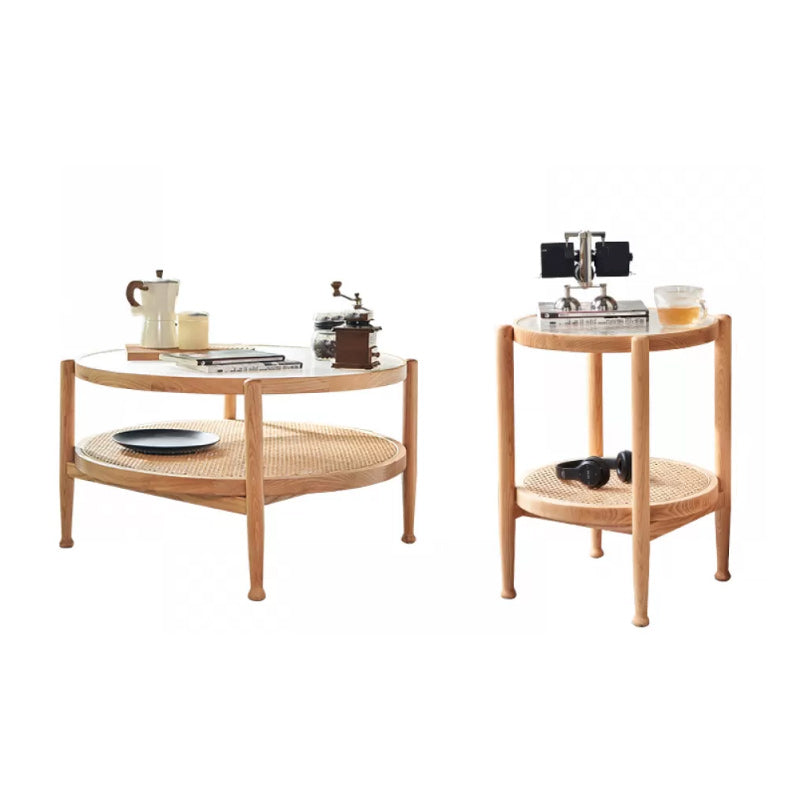 Tropical Round Cocktail Table Glass Top Coffee Cocktail Table with Storage