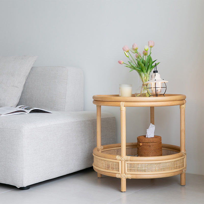 Tropical Round Cocktail Table Light Wood Coffee Cocktail Table with Storage