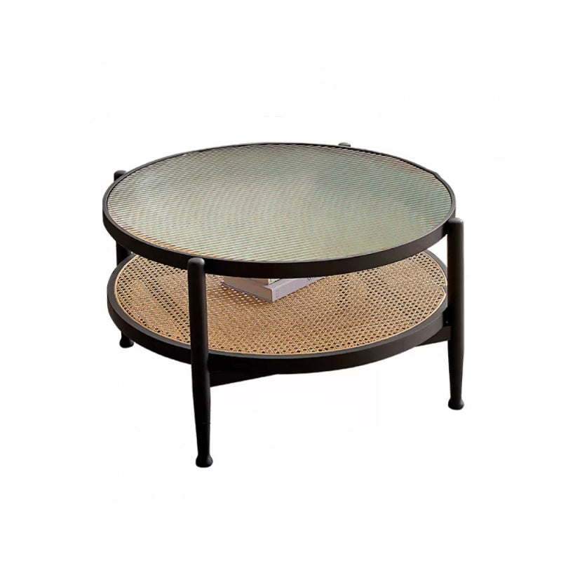 Tropical Round Cocktail Table Glass Top Coffee Cocktail Table with Shelf
