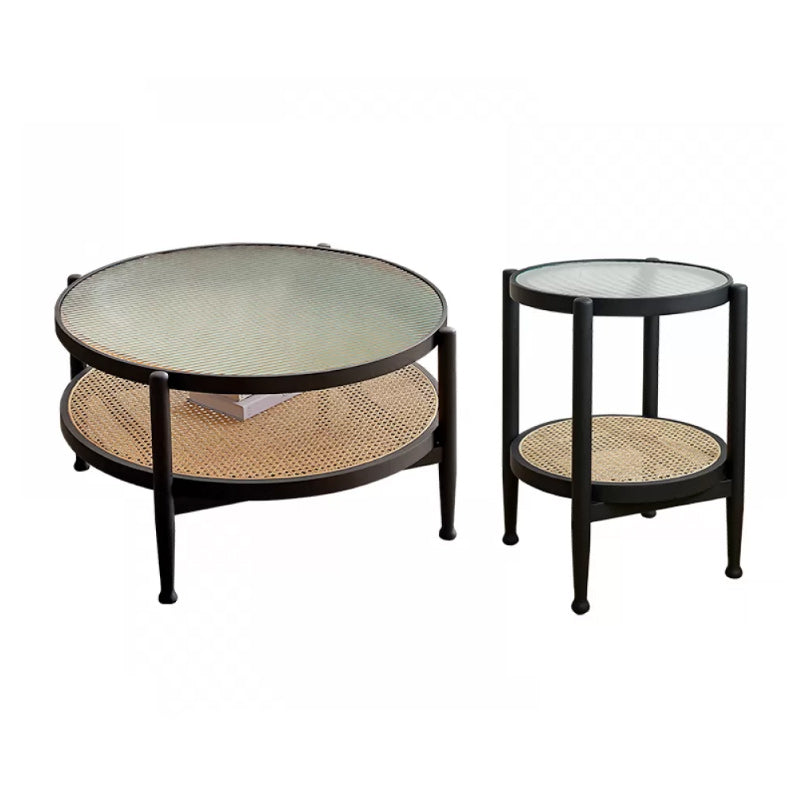 Tropical Round Cocktail Table Glass Top Coffee Cocktail Table with Shelf