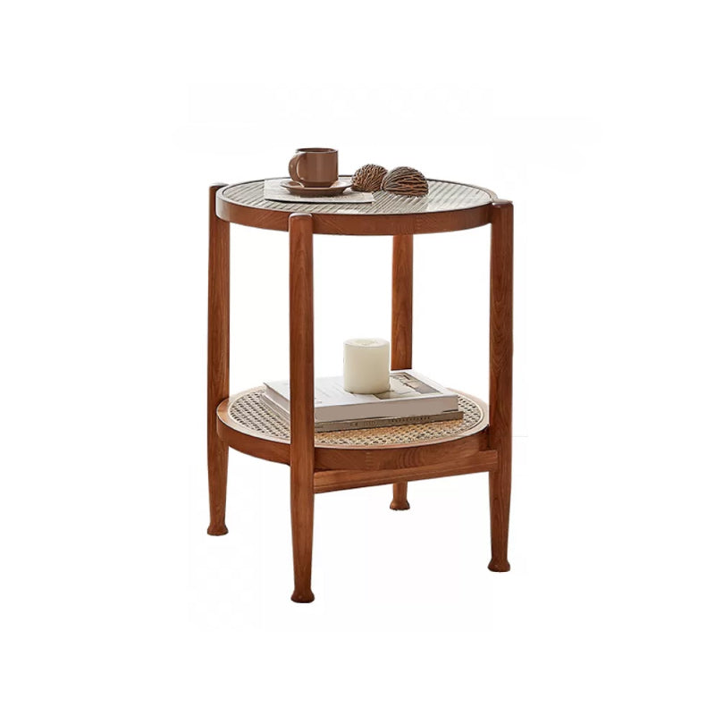 Tropical Round Cocktail Table Glass Top Coffee Cocktail Table with Shelf