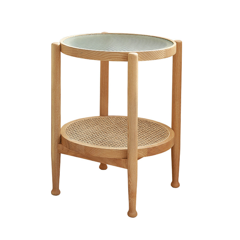 Tropical Round Cocktail Table Glass Top Coffee Cocktail Table with Shelf