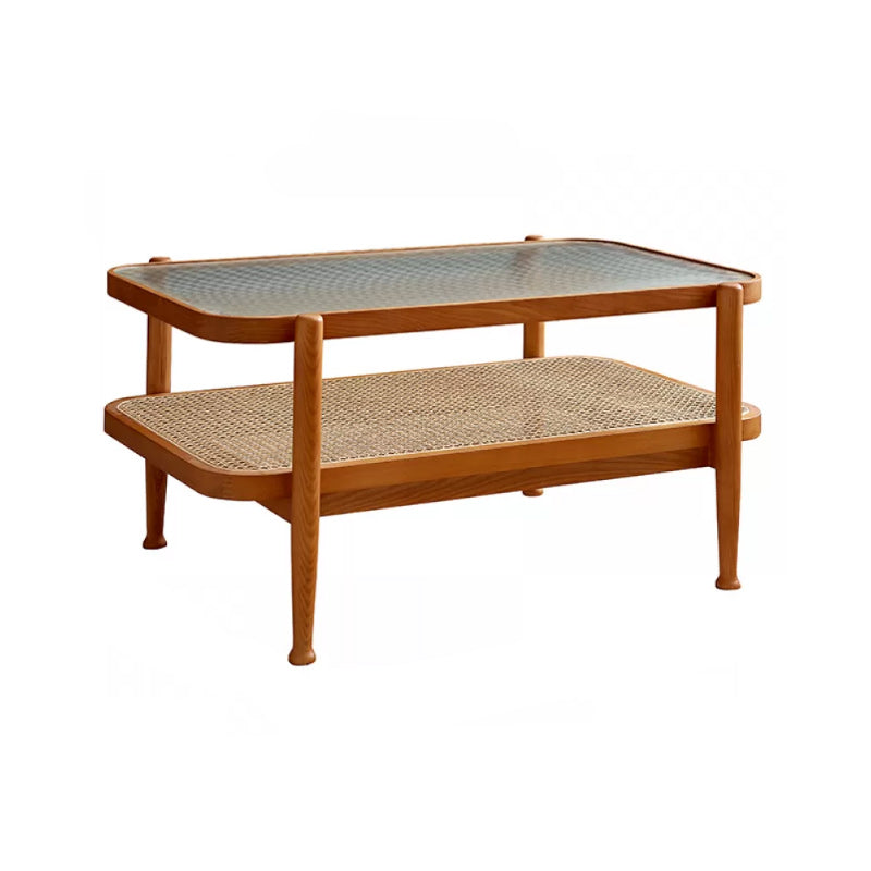 Tropical Round Cocktail Table Glass Top Coffee Cocktail Table with Shelf
