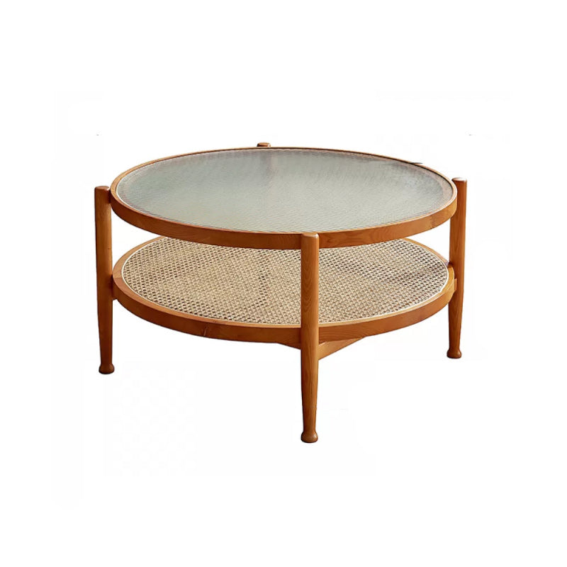 Tropical Round Cocktail Table Glass Top Coffee Cocktail Table with Shelf