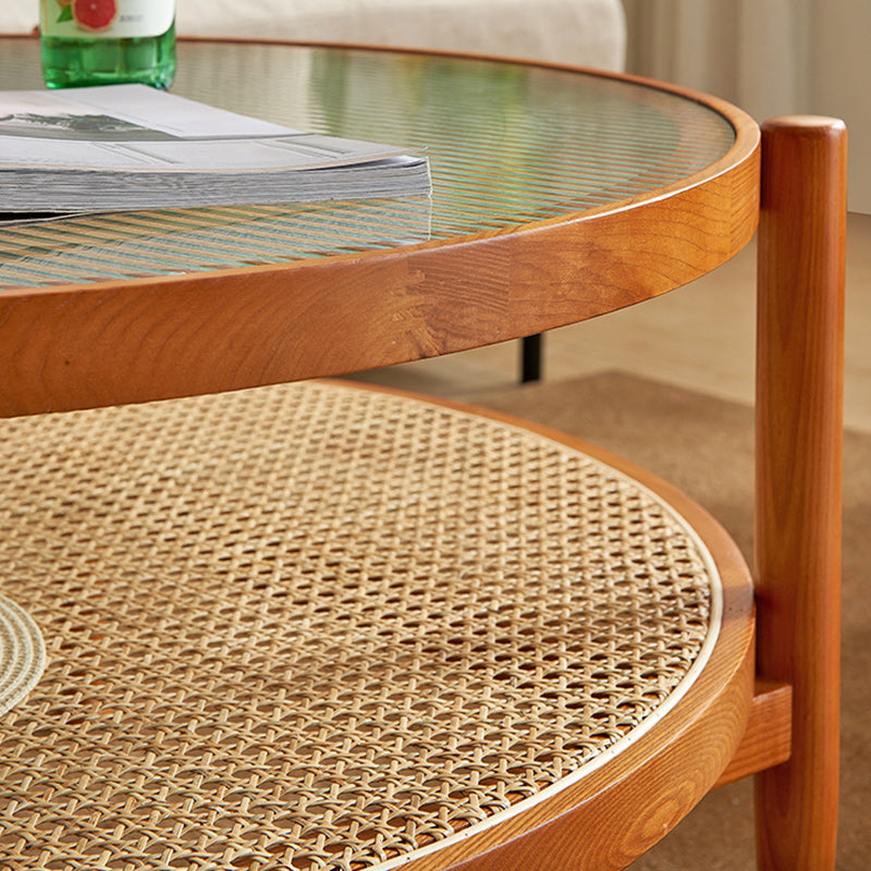 Tropical Round Cocktail Table Glass Top Coffee Cocktail Table with Shelf
