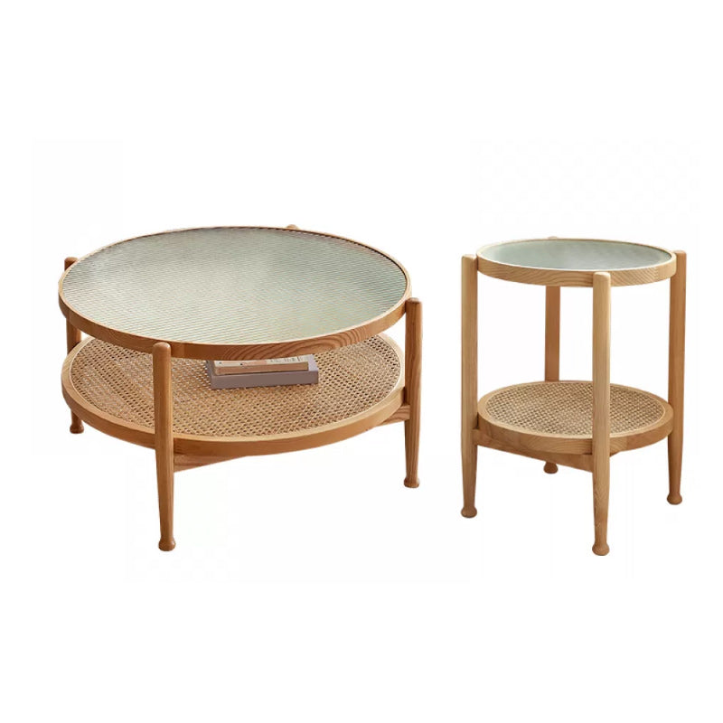 Tropical Round Cocktail Table Glass Top Coffee Cocktail Table with Shelf