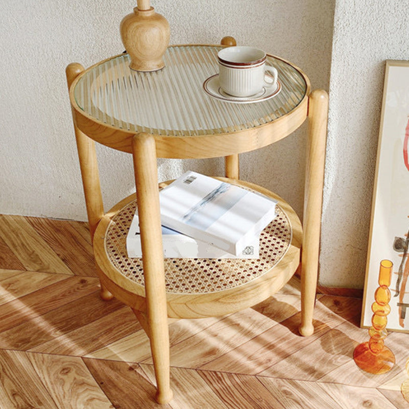 Tropical Round Cocktail Table Glass Top Coffee Cocktail Table with Shelf