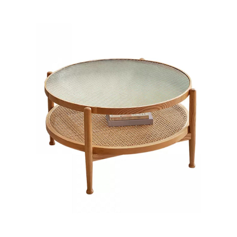 Tropical Round Cocktail Table Glass Top Coffee Cocktail Table with Shelf