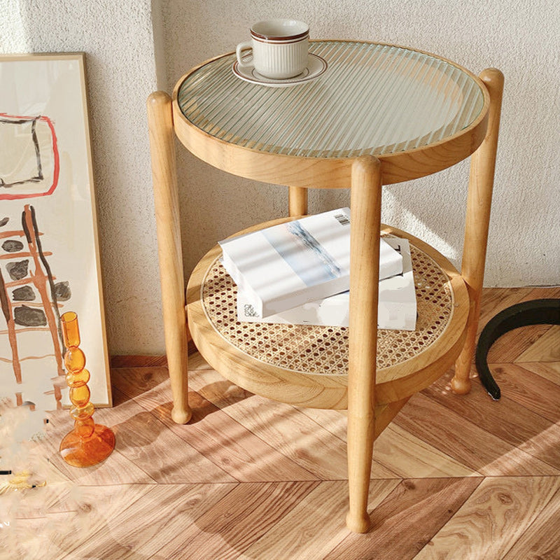 Tropical Round Cocktail Table Glass Top Coffee Cocktail Table with Shelf