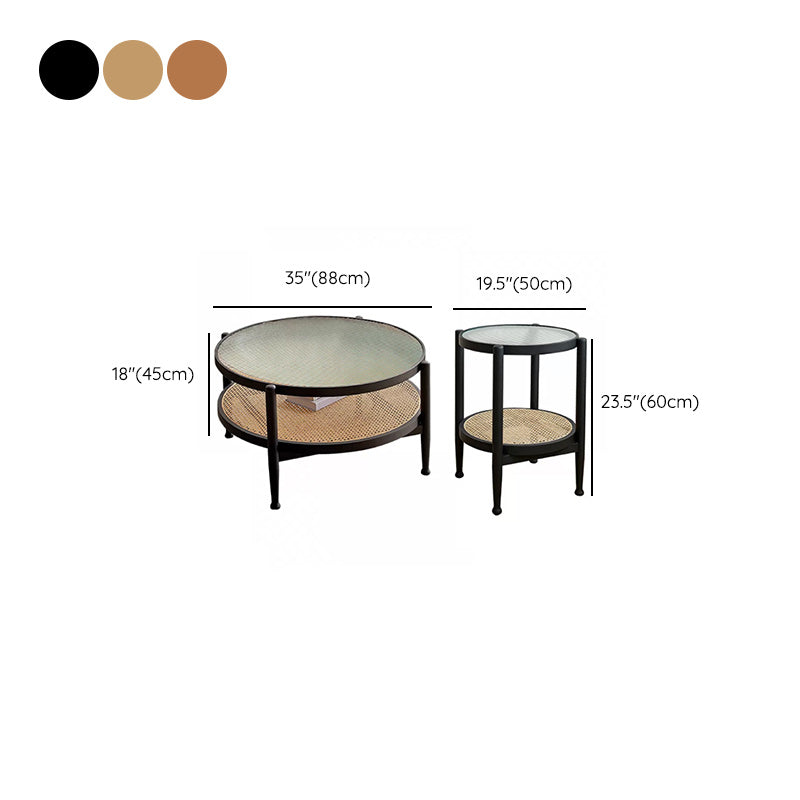 Tropical Round Cocktail Table Glass Top Coffee Cocktail Table with Shelf