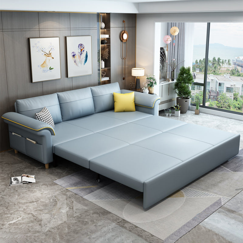 Blue Faux Leather Sleeper Sofa with Storage Scandinavian Sofa Bed
