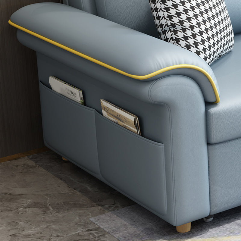Blue Faux Leather Sleeper Sofa with Storage Scandinavian Sofa Bed