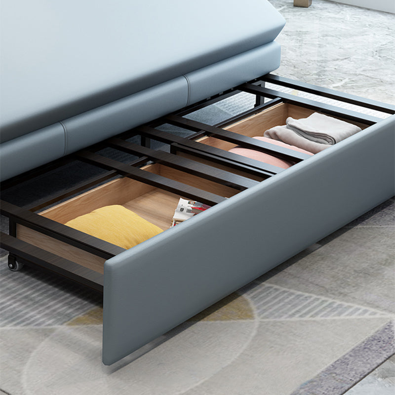 Blue Faux Leather Sleeper Sofa with Storage Scandinavian Sofa Bed