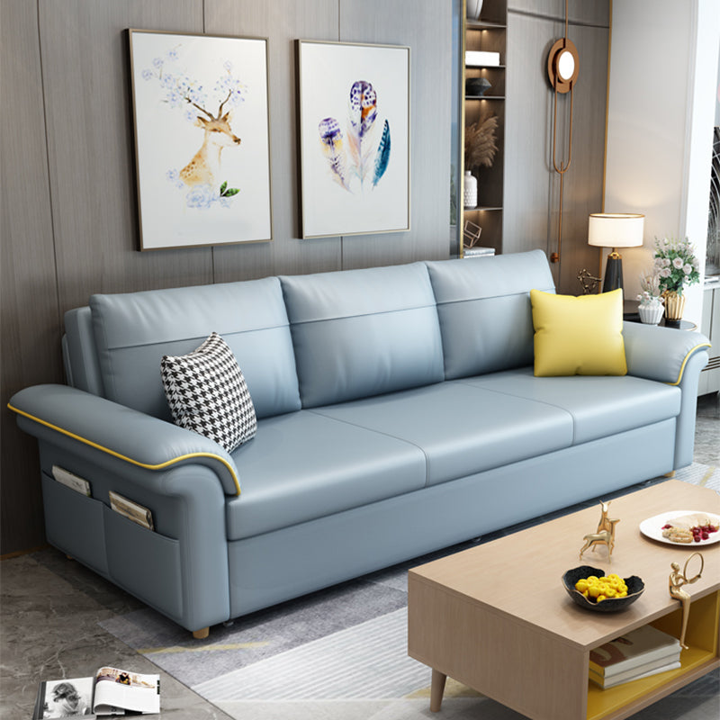 Blue Faux Leather Sleeper Sofa with Storage Scandinavian Sofa Bed