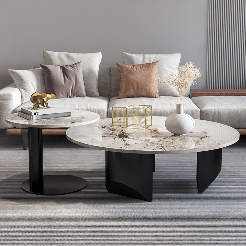 Contemporary Round Coffee or End Table Iron and Stone Coffee Table in Black and White