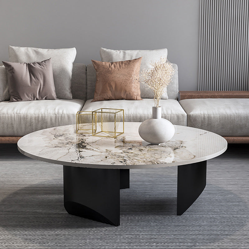 Contemporary Round Coffee or End Table Iron and Stone Coffee Table in Black and White