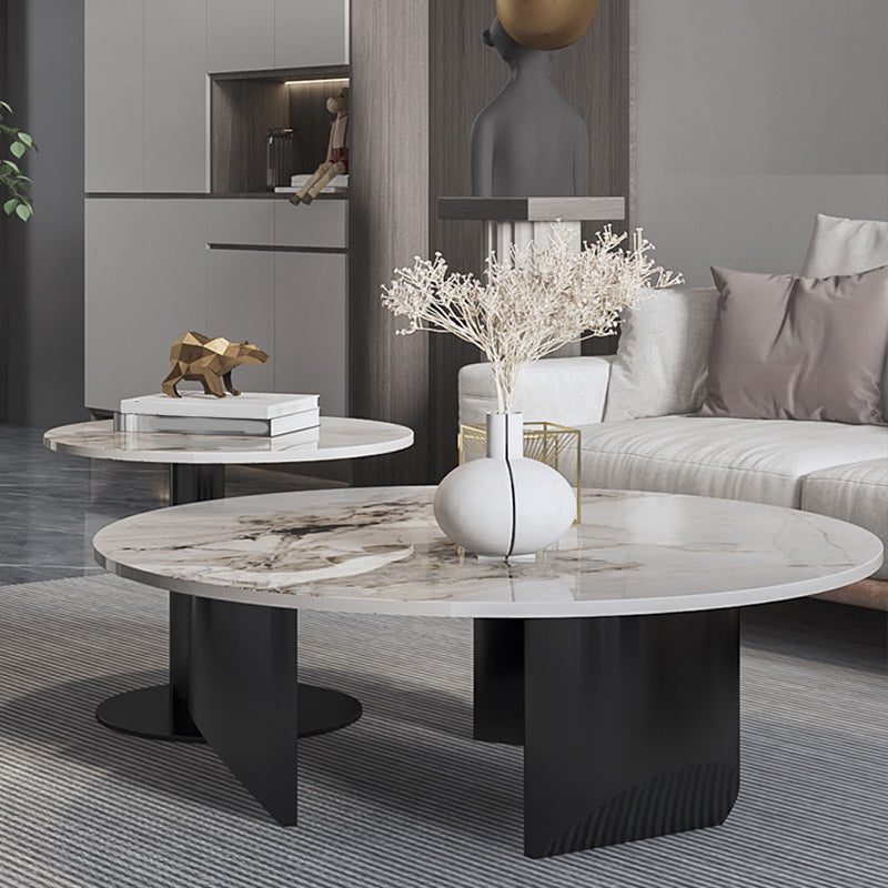 Contemporary Round Coffee or End Table Iron and Stone Coffee Table in Black and White