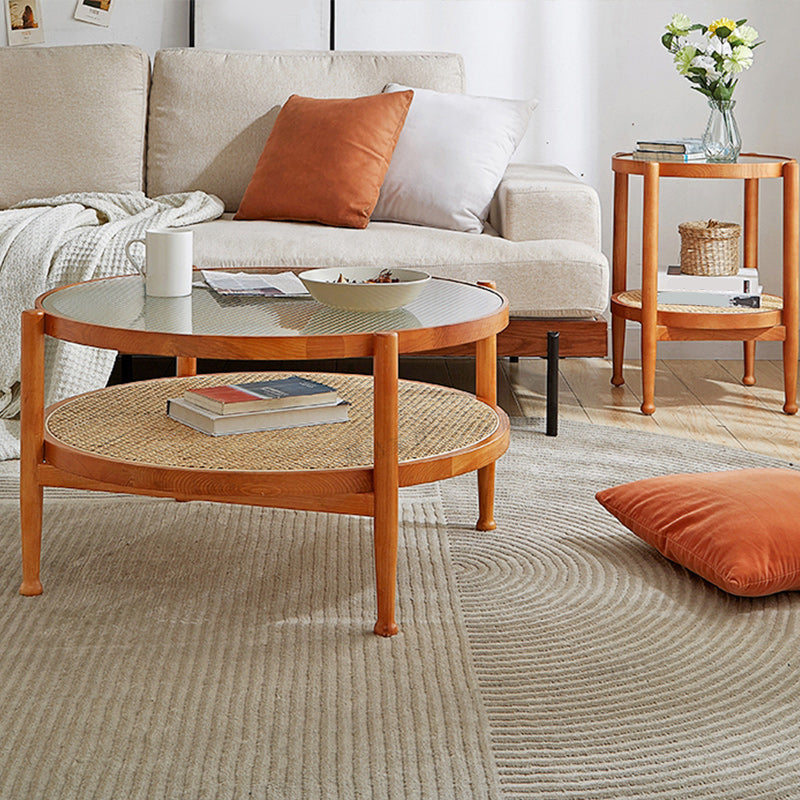 Tropical Round Cocktail Table Storage Solid Wood Coffee Table