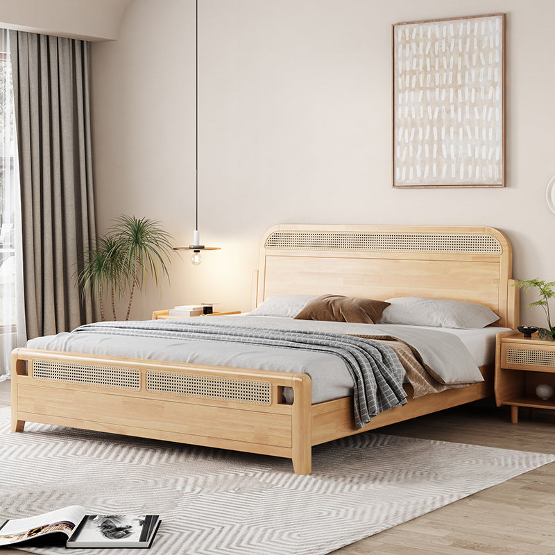 Solid Wood Panel Bed Natural Tropical Rubberwood Bed Frame Rectangular