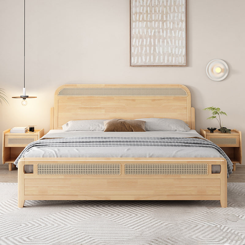 Solid Wood Panel Bed Natural Tropical Rubberwood Bed Frame Rectangular
