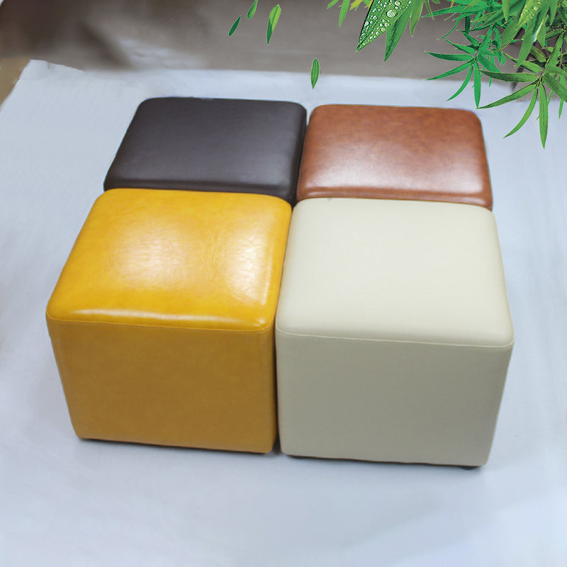 Mid-Century Modern Pouf Ottoman Genuine Leather Upholstered Solid Color Square Ottoman