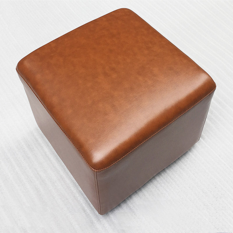 Mid-Century Modern Pouf Ottoman Genuine Leather Upholstered Solid Color Square Ottoman