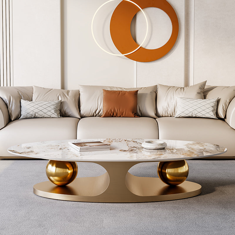 Glam Oval Stone Cocktail Table Single Beige Coffee Cocktail Table