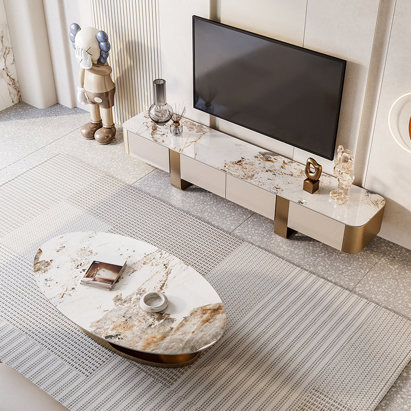 Glam Oval Stone Cocktail Table Single Beige Coffee Cocktail Table