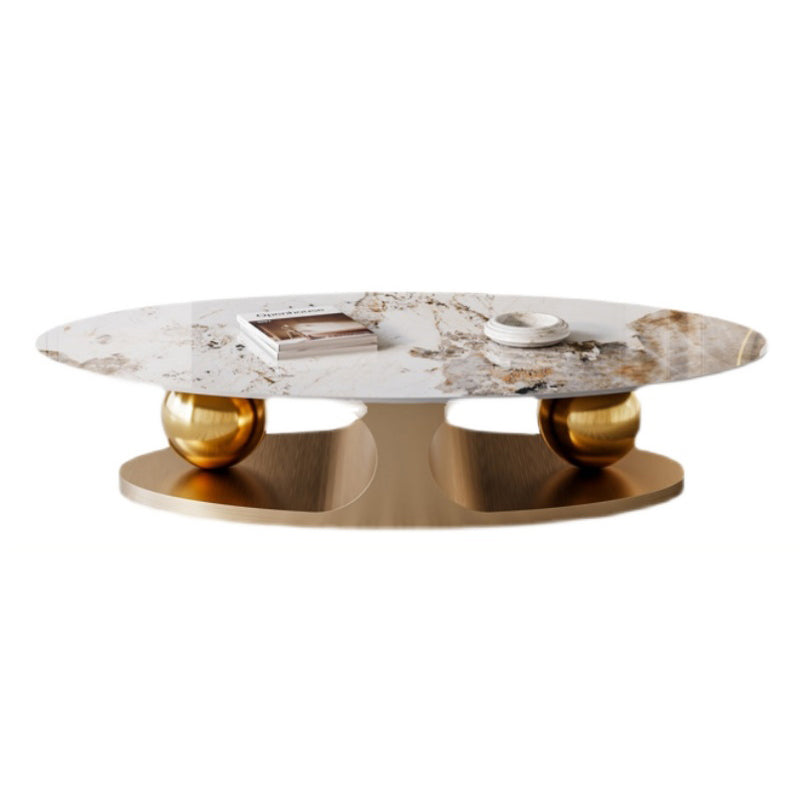Glam Oval Stone Cocktail Table Single Beige Coffee Cocktail Table