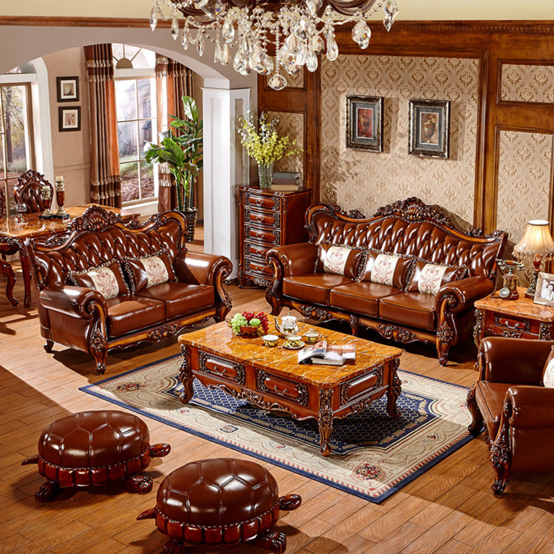 Classic Tufted Split-Back Seating Flared Arm Sofa with Pillows in Brown