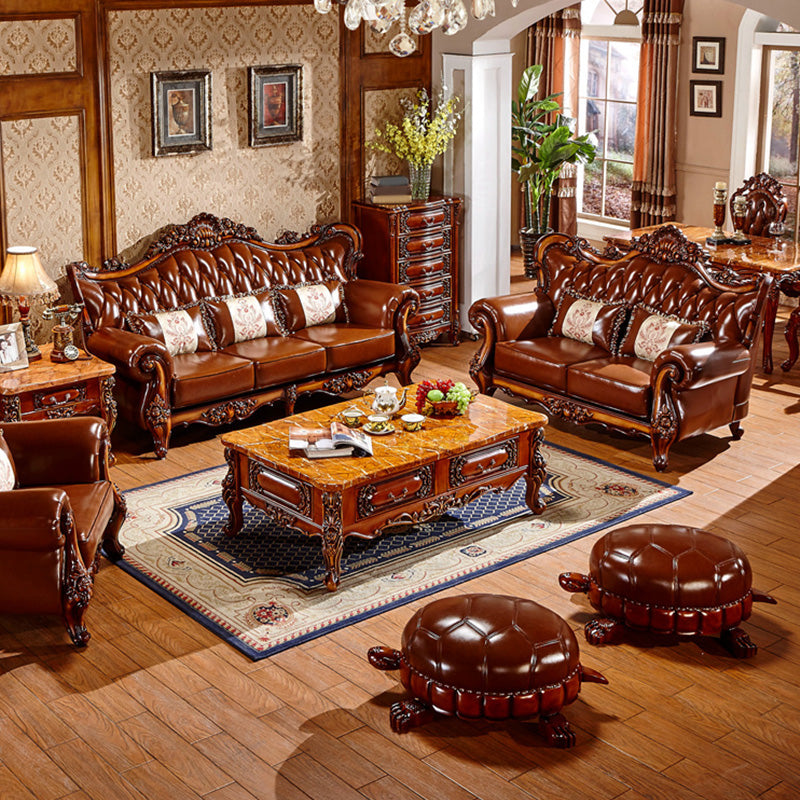 Classic Tufted Split-Back Seating Flared Arm Sofa with Pillows in Brown