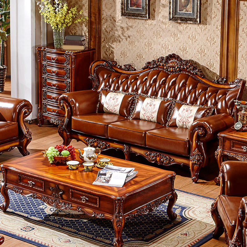 Classic Tufted Split-Back Seating Flared Arm Sofa with Pillows in Brown