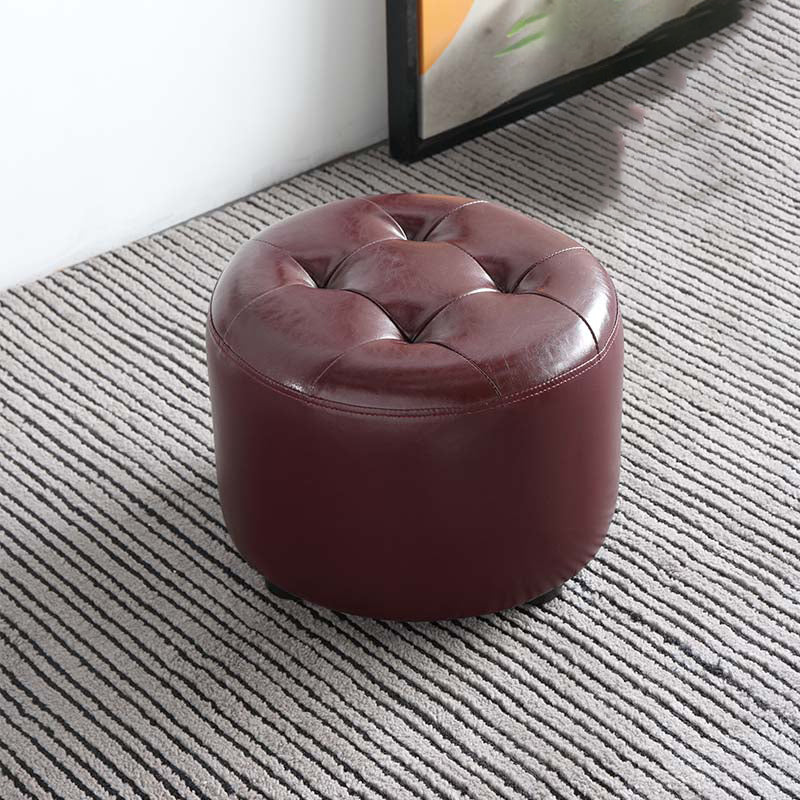 Mid-Century Modern Pouf Ottoman Genuine Leather Upholstered Tufted Cylinder Shape Ottoman